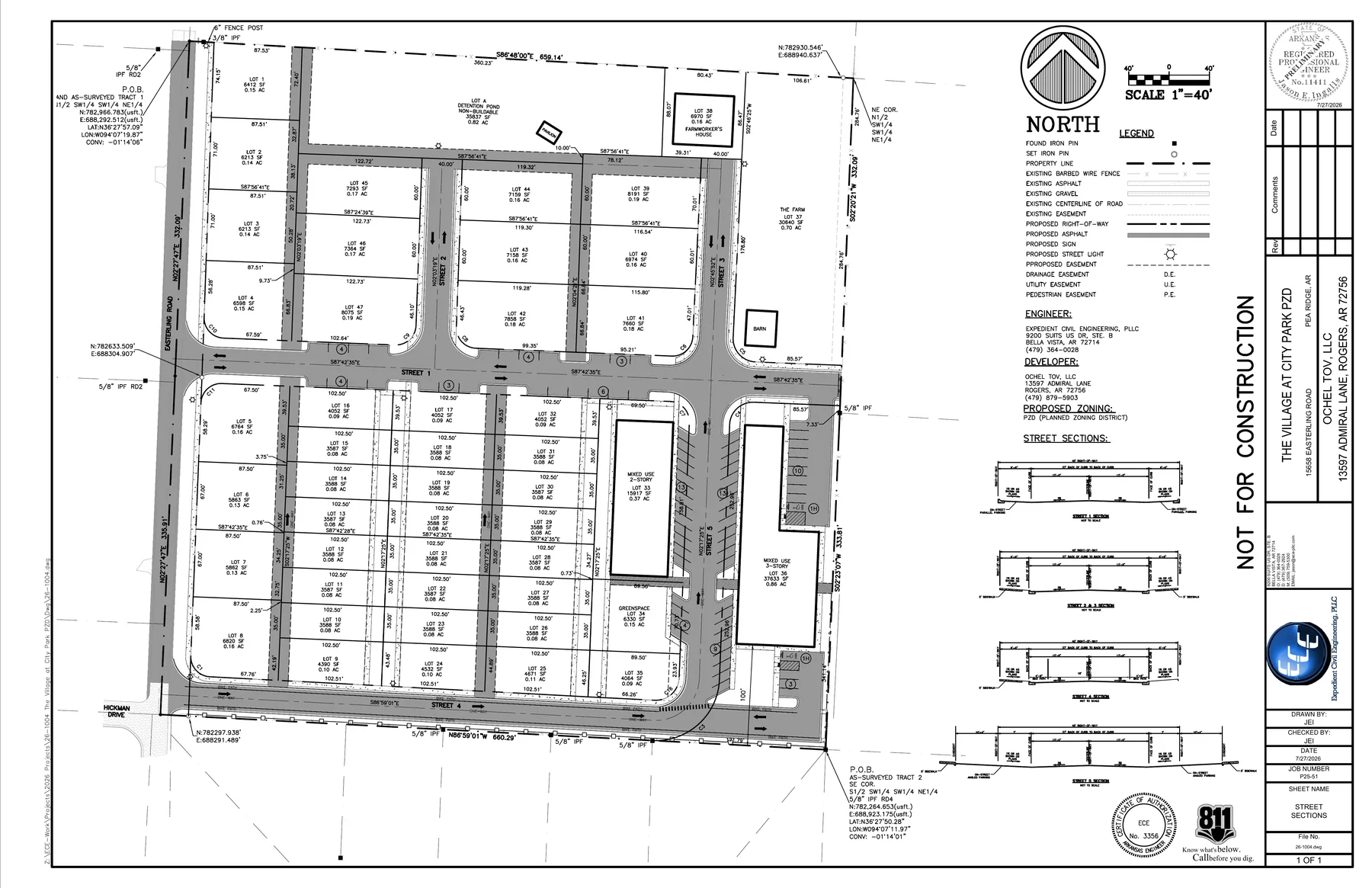 Page 22 preliminary plat from the August 4 agenda packet showing lots, streets, detention pond, farm, and greenspace