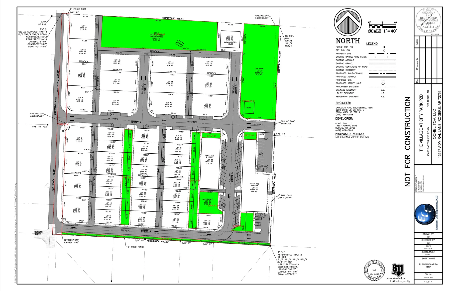Page 23 planning area map highlighting detention, farm, and smaller green areas in the Village at City Park proposal