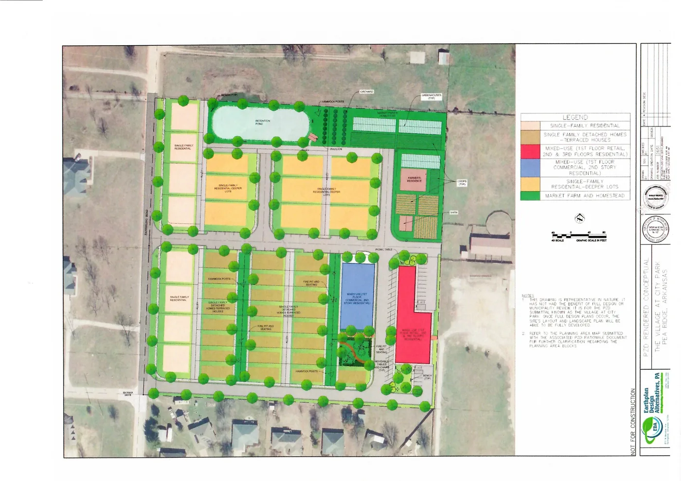 Revised July 20, 2026 Village at City Park PZD site plan in Pea Ridge, Arkansas, showing mixed-use buildings, detached homes, terraced homes, farm area and stormwater pond